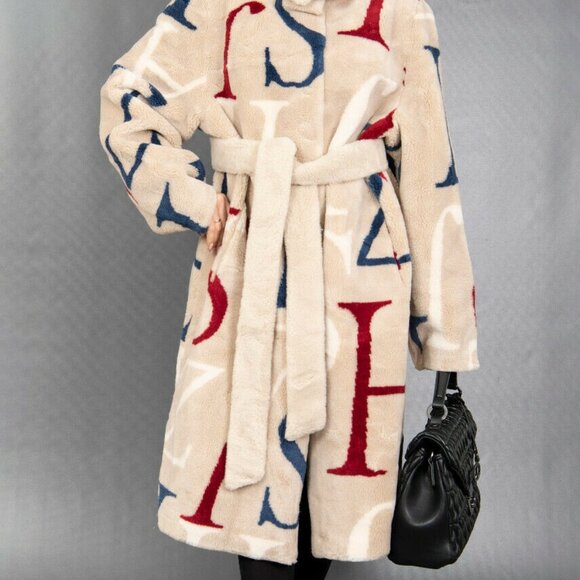 New Unbranded Cocoon Wool Teddy Bear Coat Beige Belted Alphabet Print No Alpaca - Picture 3 of 13